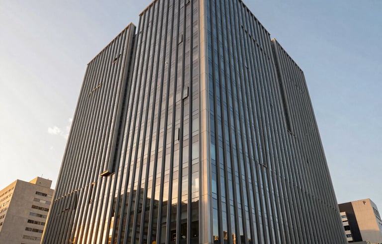 A sleek, modern corporate office building in a Brazilian urban setting during golden hour, reflecting trust and stability. Wide angle shot, clean architectural lines, sophisticated atmosphere.