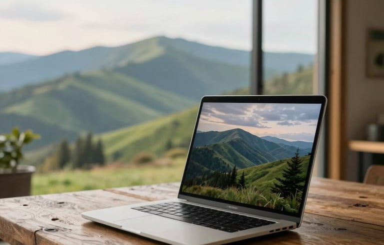 A high-end laptop open on a rustic oak table in a modern farmhouse. Out the window, the soft morning light illuminates the rolling green slopes of the Blue Ridge mountains. North American / US.