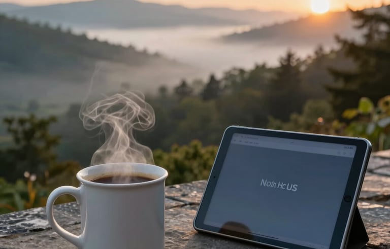 A steaming mug of coffee sits next to a digital tablet on a stone patio overlooking a misty Appalachian valley at sunrise. North American / US.