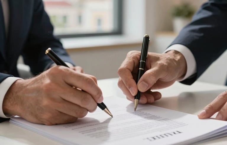 Close-up of professional business hands signing legal documents in a bright, modern office with gold accents and a view of Spanish architecture outside.