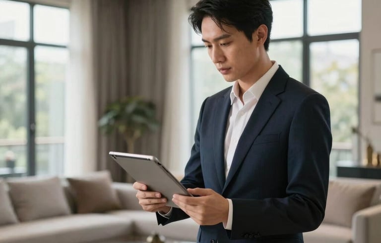 A professional real estate consultant in elegant attire using a tablet to evaluate a contemporary European living room with large windows, bright natural light, and sophisticated furniture.