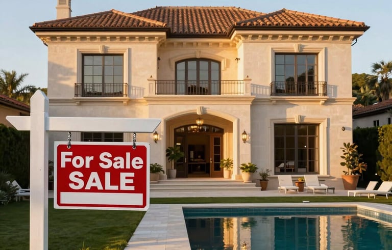 An elegant exterior shot of a high-end European villa with a 'For Sale' sign, manicured gardens, and warm golden hour lighting reflecting off the pool.