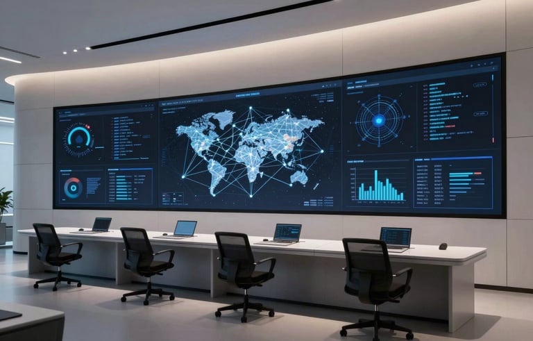 Cinematic photography of a sleek, high-tech command center in a major US tech hub. Large digital displays showing global networks, minimalist design, soft shadows, futuristic vibe.
