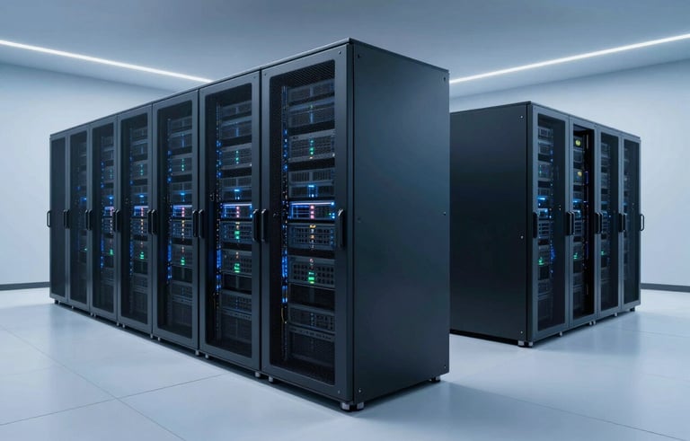 Ultra-premium photography of a minimalist, futuristic data center in the United States. Cool blue ambient lighting, sleek server racks, clean white floors, high-end North American architectural style.