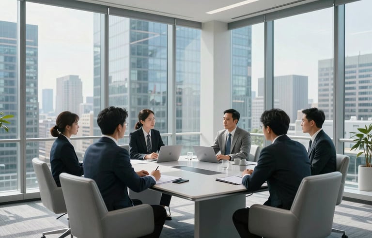 Professional photography of a high-level executive meeting in a glass-walled skyscraper office in North American. Modern furniture, silver and light blue tones, panoramic city view, bright natural light.