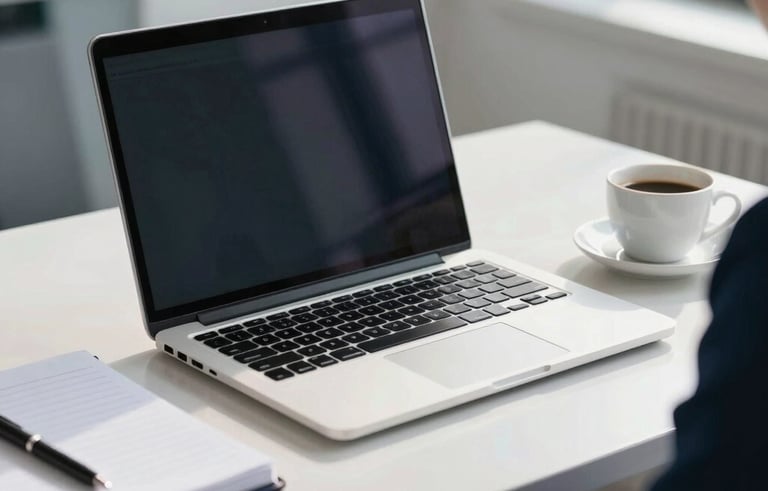 A professional and clean office setting in a North American / Spanish-speaking city. A sleek laptop sits on a white desk next to a notebook and a cup of coffee. The lighting is bright and natural, reflecting a sophisticated atmosphere with navy blue and light grey tones.