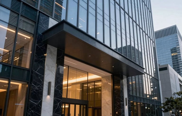 A wide-angle interior shot of a modern glass skyscraper lobby in a North American / Spanish-speaking business district. The architecture is clean and professional with dark navy and white marble accents. Soft evening lighting creates a sophisticated mood.