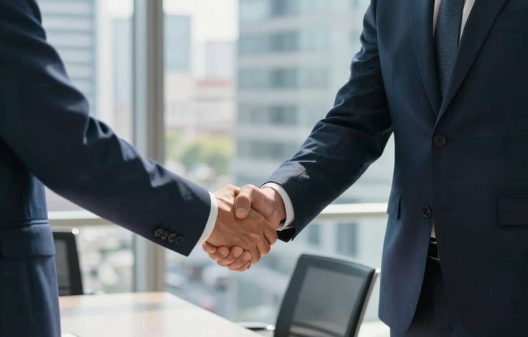 Two professionals in tailored business attire engage in a handshake within a sunlit, modern conference room in a North American / Spanish-speaking city. The scene conveys trust and success, featuring light blue and navy tones in the decor.