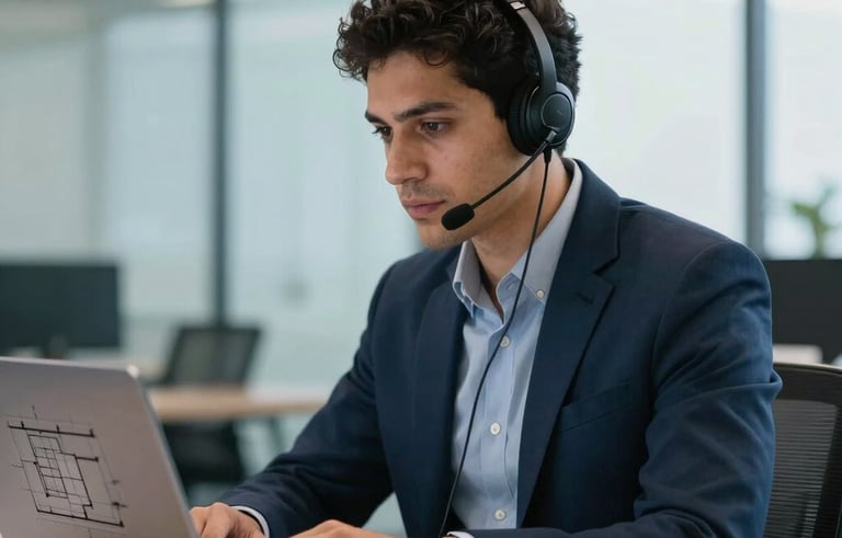 A professional engineer in a modern South American Brazilian office wearing a sleek headset, focused on a laptop screen showing detailed architectural blueprints. Natural light, professional atmosphere, navy blue and soft blue tones in the background, sharp focus photography.
