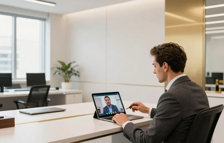 A wide shot of a bright, contemporary Brazilian engineering firm office. A professional in business attire is conducting a video conference with a client via a large tablet. Gold and off-white accents in the decor, clean lines, reliability and modern style.