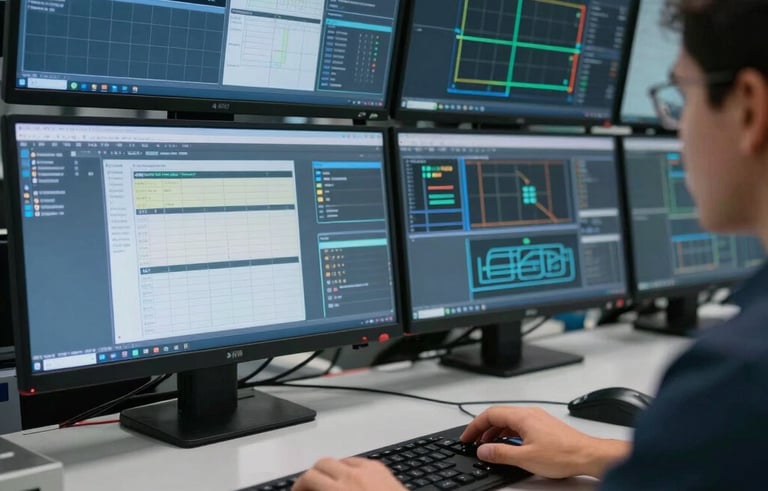 High-tech control room environment in South American Brazil. A professional hand navigating complex engineering software on multiple large high-resolution monitors. Soft blue and charcoal tones, sharp focus on screens, technical expertise mood.