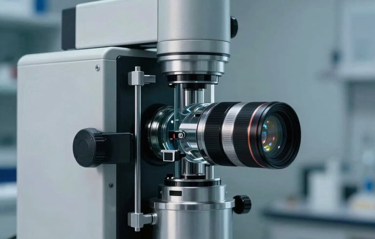Close-up of high-tech clinical equipment in a minimalist laboratory, sophisticated glass and metal textures. European / Spanish research environment, lighting is sharp and clinical with soft steel blue shadows.