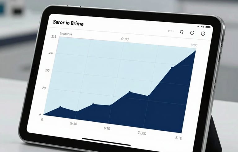 High-end studio photography of a sleek medical tablet displaying a clean, professional ophthalmic analysis interface with minimalist light blue and navy charts. European / Spanish clinical setting, soft daylight, focus on the high-resolution screen.