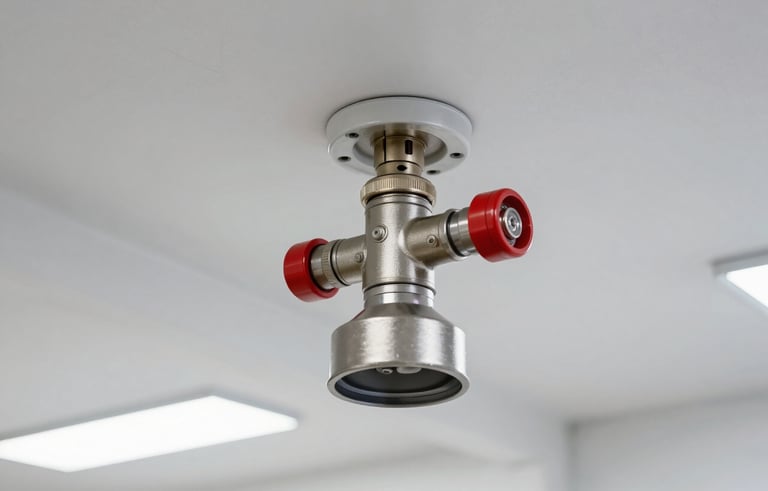 A close-up photograph of a professional fire sprinkler system installed in a modern North American commercial warehouse ceiling. The lighting is bright and clean, emphasizing modern efficiency. The colors include subtle metallic steel and red accents against a clean white industrial backdrop.