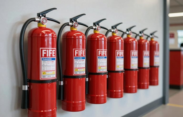 A professional photography shot of a row of bright red fire extinguishers mounted on a clean, light gray wall in a US commercial corridor. The lighting is soft and natural, emphasizing readiness and modern fire control compliance.