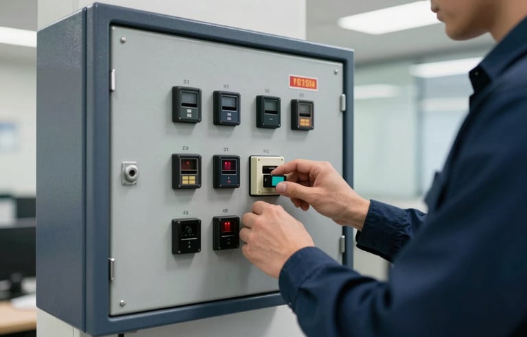 A sharp, clear photograph of a modern fire alarm control panel inside a brightly lit North American office building. A technician's hand is visible, dressed in professional attire, performing a routine check. The scene is secure and reliable, using dark blue and gray tones.