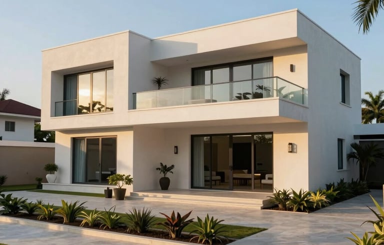 A luxurious contemporary villa in Riviera 3, Abidjan, featuring clean architectural lines and elegant landscaping. The photography captures the property at golden hour, emphasizing reliability and investment value. Muted blue and ivory palette. West African / Ivorian architecture.