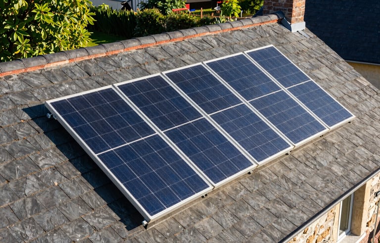 A high-angle photograph of high-efficiency solar panels installed on a traditional Central European / French slate roof. The scene is bathed in bright afternoon sunlight, reflecting a clean and sustainable energy vibe. The background shows a hint of a lush green garden in vibrant leaf green.