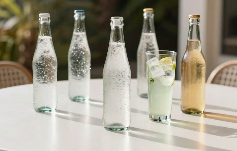 A refreshing arrangement of high-quality sparkling water bottles and sodas on a clean, modern white table in a sunny South American patio. Bright, natural lighting, emphasizing freshness and quality, in a clean and approachable style.