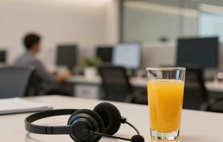 A professional tele-service center office in Brazil with a modern, clean design. A headset sits on a minimalist desk next to a refreshing glass of juice, symbolizing efficient beverage commerce and customer service. Warm, professional lighting.