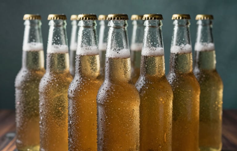 Close-up of premium cold beer bottles with condensation droplets, arranged neatly on a dark wooden surface. Muted blue-green and golden accents in the background, professional studio photography, Brazilian beverage commerce context.