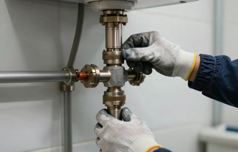 Hands of a skilled worker in protective gloves performing a detailed inspection of a central heating boiler in a modern utility room. Clean, soft lighting emphasizing professional maintenance. Middle Eastern / Turkish setting.