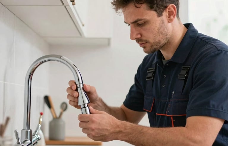 A professional plumber in a dark blue uniform fixing a kitchen faucet in a modern Turkish home. The lighting is bright and natural, highlighting the polished chrome fixtures and the technician's expert focus.