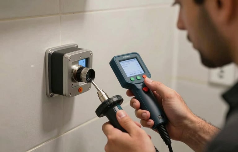 A professional technician using advanced electronic leak detection equipment on a wall in a bathroom setting. Detailed shot of the high-tech tools, with a focus on precision and expertise. Middle Eastern / Turkish context.