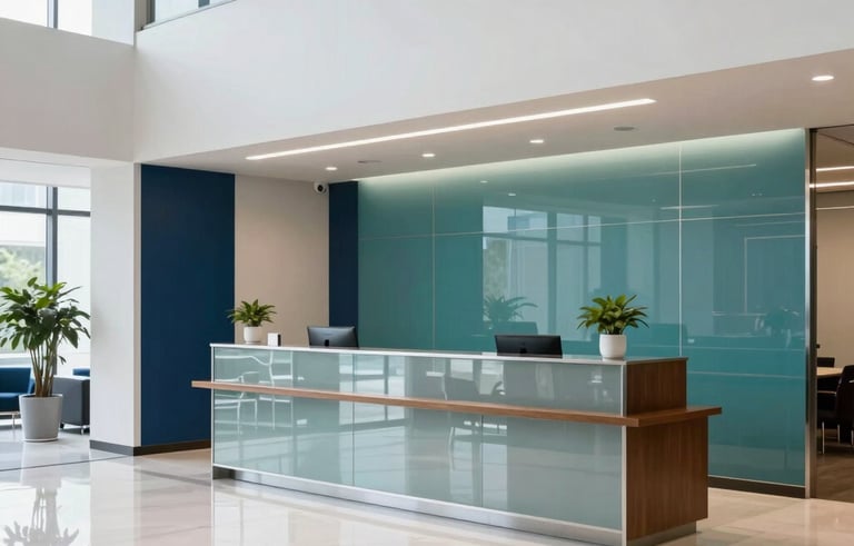 Commercial interior photography of a high-end office lobby in the United States. A wide-angle shot shows a polished reception desk and clear glass surfaces. The lighting is bright and clean with teal and dark blue accents in the decor.