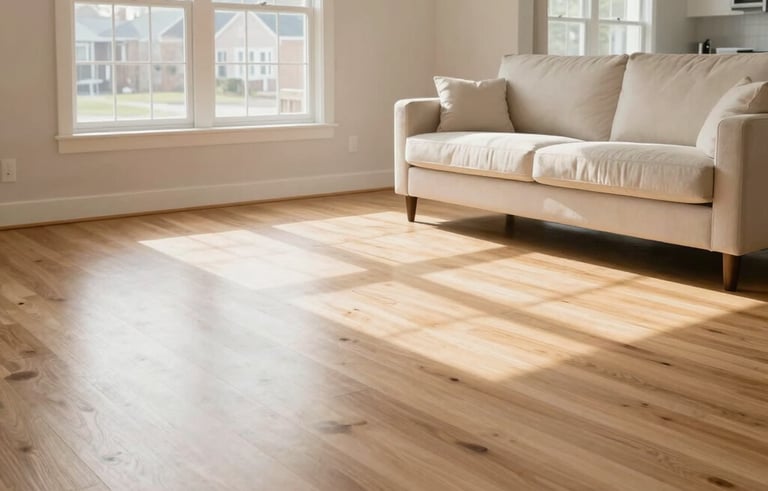 Wide-angle interior photography of a clean, sunlit living room in a North American suburb. The composition focuses on a spotless light-colored hardwood floor and a tidy off-white sofa. Soft morning light enters through large windows. The style is modern, airy, and professional.