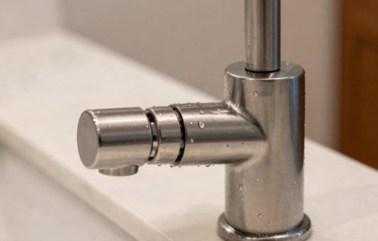 Macro photography of a sanitized stainless steel kitchen faucet and a white marble countertop in an upscale North American home. The composition highlights the sparkling, droplet-free surface and meticulous detail. The lighting is warm yet crisp.