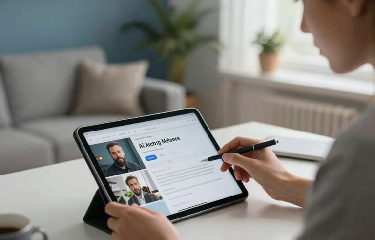 A focused digital creator in a modern home office in Istanbul, Turkey, using a tablet to review AI-generated video scripts. The lighting is soft and natural, with slate blue and white tones in the background decor, creating a professional and productive atmosphere.
