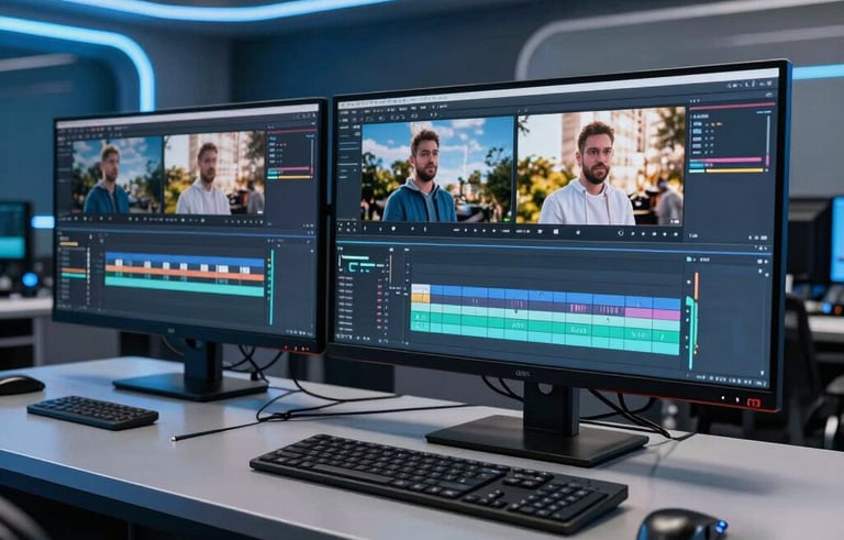 A high-tech video production studio in Türkiye, showing advanced monitors with AI video editing interfaces. The environment is sleek and modern, featuring steel blue and dark navy lighting accents that highlight professional equipment.