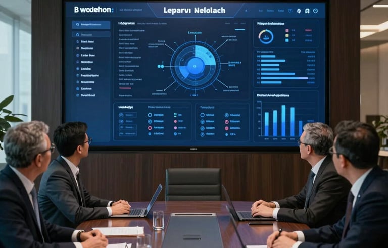 A high-end corporate boardroom in a skyscraper in Levent, Istanbul. A professional team is viewing a sophisticated white-label software dashboard on a large screen. The scene conveys innovation and power with dark navy and slate blue tones.