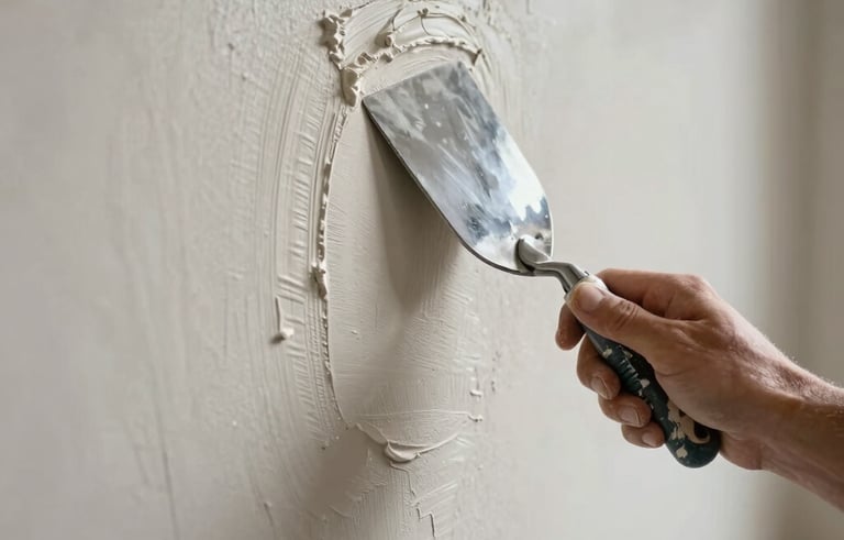 A detailed close-up shot of a professional at work in a Northern European home, applying high-quality stucco to a wall. The focus is on the smooth, precise texture of the plaster and the skilled hand holding a steel trowel. The lighting is soft and natural, emphasizing the meticulous attention to detail and high finish level.