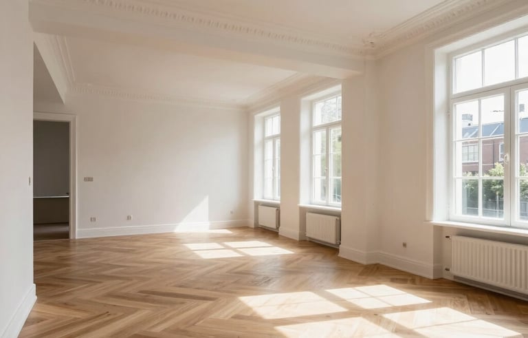 A wide-angle interior photograph of a complete home renovation in a Dutch townhouse. The space shows an open-plan living area with newly installed light oak floors, crisp white walls, and elegant ceiling moldings. Sunlight streams through large windows, showcasing a sophisticated and professional transformation of a residential space.