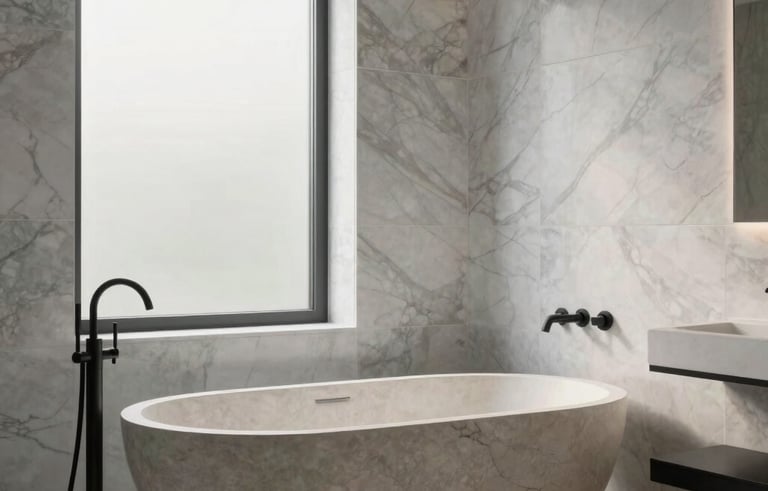 A high-end, luxury bathroom in a Northern European / Dutch home. The scene features large marble wall tiles in light gray and white, a freestanding stone bathtub, and minimalist matte black fixtures. Soft, diffused morning light enters through a frosted window. The composition is clean and architectural, highlighting the exquisite craftsmanship and serene atmosphere.