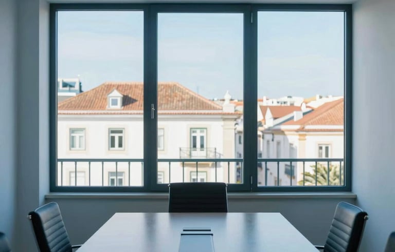 A professional interior shot of a modern, sun-drenched law firm meeting room in Portugal. Through the window, European architecture is visible. The composition is clean and symmetric, emphasizing transparency and clarity. Palette: medium blue and white.