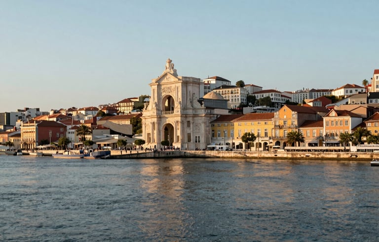 A professional wide-angle photograph of the Lisbon riverside at sunset, showing the Praça do Comércio area. The lighting is warm and clear, emphasizing a welcoming atmosphere. High-end architectural photography in European Portuguese style, with tones of light blue and pale blue.