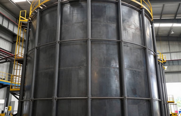 A wide-angle professional photograph of a massive industrial steel tank under construction inside a clean, modern Mexican factory. The lighting is bright and industrial, highlighting the metallic textures of the steel. The atmosphere is professional and efficient. Colors: charcoal gray and yellow accents.