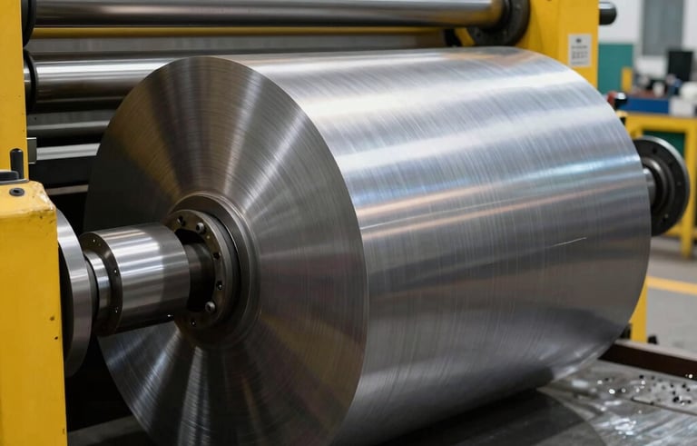 Close-up action shot of a large industrial rolling machine curving a heavy steel plate in a professional metalworking facility in Mexico. Sharp focus on the steel grain and the machine's yellow components. Bright, clear lighting.