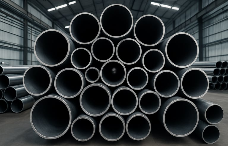 Symmetric composition of various diameters of stacked structural steel pipes in a large industrial warehouse. The lighting is crisp, creating high-contrast shadows on the metallic surfaces. Clean and organized Mexican facility. Colors: silver, gray, and black.