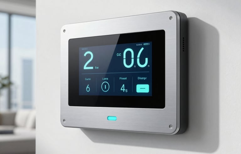 A high-end, futuristic HVAC control interface mounted on a clean white wall in a modern North American luxury apartment in Miami, showing digital temperature readouts in soft silver and cyan lighting.