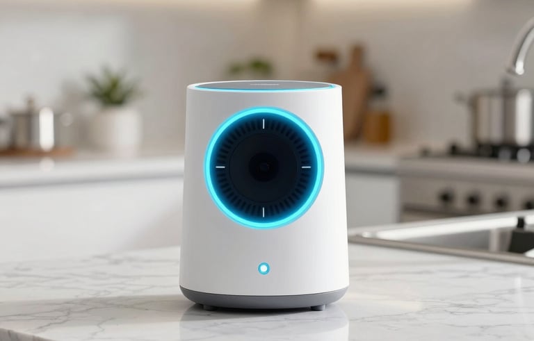 A futuristic air quality sensor showing a vibrant cyan light ring, placed on a marble countertop in a clean, modern North American kitchen in Miami, blurred bright background.