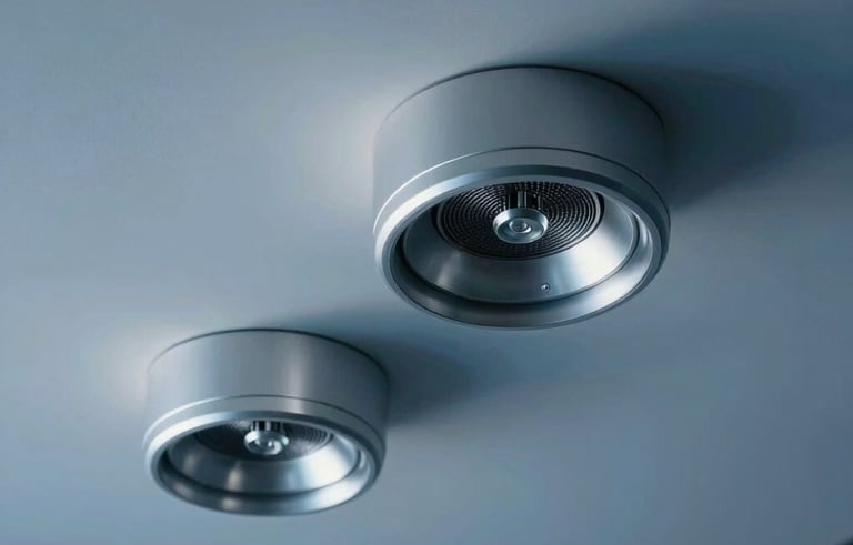 Macro photography of sleek, silver metallic air diffusers integrated into a minimalist ceiling of a high-tech corporate office in Miami, professional soft lighting, deep blue shadows.