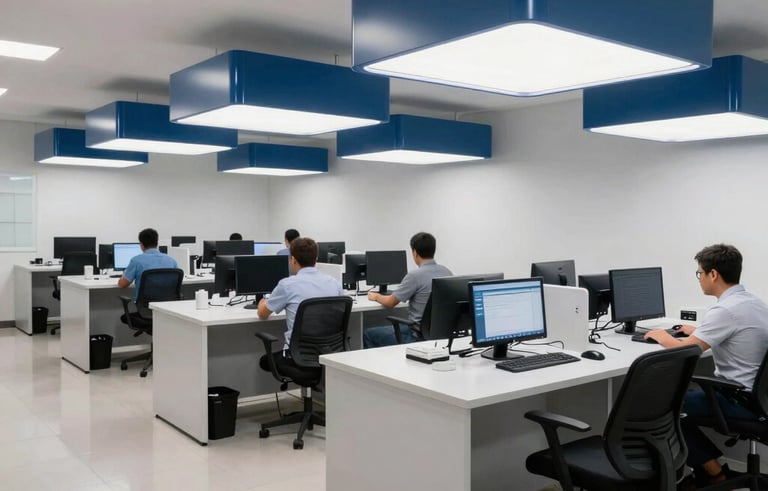 A wide-angle shot of a state-of-the-art tele-service center in a Brazilian metropolis, featuring clean workstations, ergonomic furniture, and professional steel blue lighting.
