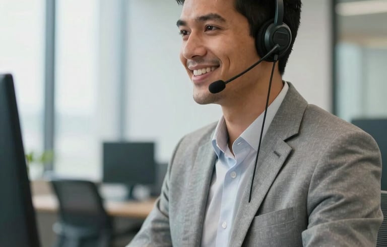 A professional South American customer service representative wearing a sleek headset, smiling warmly in a bright, modern Brazilian office with steel blue and off-white accents, soft natural lighting.