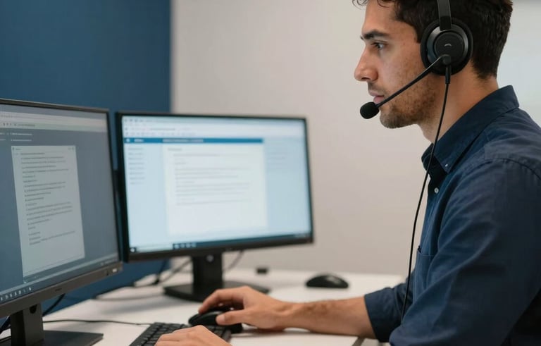 A focused South American professional in a modern Brazilian workspace, using a high-quality headset and multiple screens, soft lighting with navy blue and off-white tones.