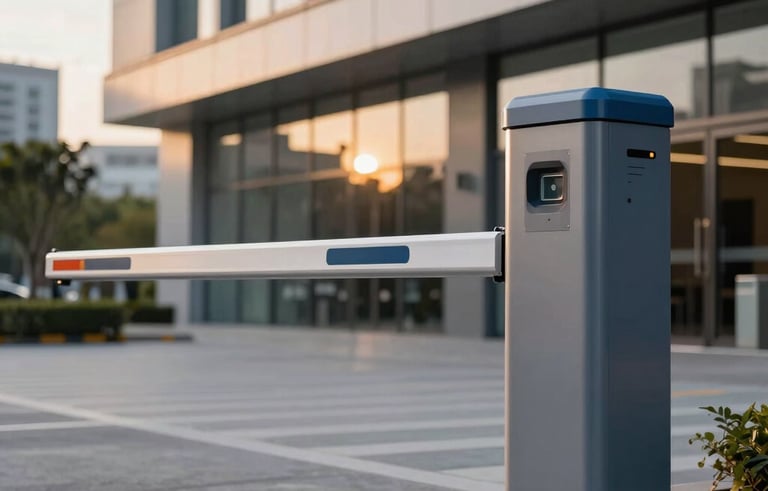 A high-quality photo of a modern automatic barrier gate at the entrance of a contemporary commercial building in a Southeast Asian city. The design is sleek with metallic slate blue and gray blue accents, shot during a golden hour with warm sunset lighting reflecting off the metal surfaces.