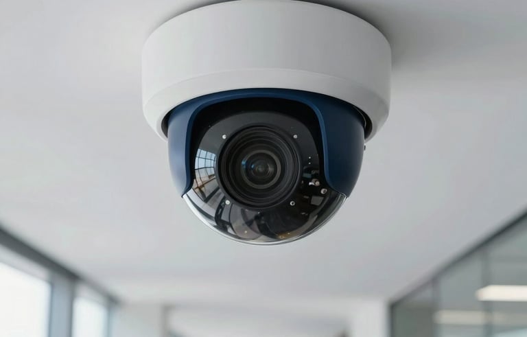 A close-up photograph of a sleek, modern dome-style CCTV camera mounted on a clean white ceiling in a bright Southeast Asian corporate office. The background shows a professional corridor with soft daylight. The aesthetic is modern and technological, featuring subtle navy and slate blue tones in the shadows.